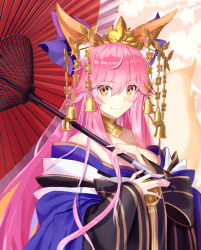 Rule 34 | 1girl, animal ear fluff, animal ears, bare shoulders, bell, blue bow, blue kimono, bow, breasts, cleavage, fate/extra, fate/grand order, fate (series), fox ears, fox girl, fox tail, hair between eyes, hair bow, hair ornament, hairpin, japanese clothes, jewelry, kimono, large breasts, long hair, looking at viewer, neck ring, neko daruma, off shoulder, official alternate costume, oil-paper umbrella, pink hair, sidelocks, smile, solo, tail, tamamo (fate), tamamo no mae (fate/extra), tamamo no mae (third ascension) (fate), umbrella, very long hair, wide sleeves, yellow eyes