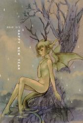 Rule 34 | 10s, 1girl, 2012, antlers, bare tree, barefoot, colored skin, dated, dragon wings, female focus, green eyes, green hair, green skin, hand on own neck, happy new year, holiday, horns, matching hair/eyes, monster girl, moriko06, new year, nude, original, pointy ears, rain, sitting, soaking feet, solo, tail, tree, water, wings