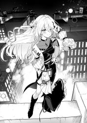 Rule 34 | 1girl, bag, blush, boots, braid, ceiling, cityscape, closed mouth, commentary, covered collarbone, floating hair, greyscale, hair between eyes, highres, holding, holding bag, jacket, kashikaze, long hair, long hair between eyes, long sleeves, looking at viewer, mole, mole under each eye, mole under eye, mole under mouth, monochrome, multiple moles, nijisanji, open clothes, open jacket, side braid, skirt, solo, sophia valentine, sophia valentine (1st costume), thigh strap, virtual youtuber