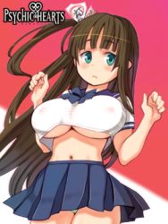 Rule 34 | 1girl, aqua eyes, black hair, blue bow, blue skirt, blunt bangs, blush, bow, breasts, brown hair, clenched hands, closed mouth, copyright name, covered erect nipples, cowboy shot, crop top, frown, green panties, hair ornament, hands up, kinomiya satsuki, large breasts, logo, long hair, lowres, miniskirt, navel, no bra, official art, ofuda, one side up, panties, panty peek, pleated skirt, psychic hearts, red background, ryoji (nomura ryouji), school uniform, serafuku, shirt, short sleeves, skirt, solo, taut clothes, two-tone background, underboob, underwear, very long hair, white background, white shirt