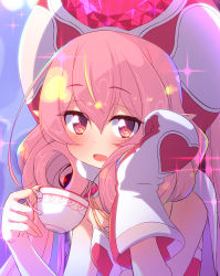 Rule 34 | 1girl, blush, breasts, cup, elf, highres, neneka (princess connect!), pink eyes, pink hair, pointy ears, princess connect!, small breasts, sw (taco), teacup, twintails