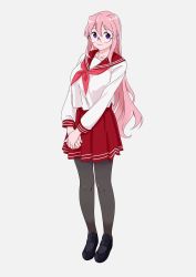 Rule 34 | 1girl, bad id, bad twitter id, black footwear, black pantyhose, collarbone, glasses, grey background, highres, light smile, loafers, long hair, looking at viewer, lucky star, ojipon, own hands together, pantyhose, pink hair, pink neckwear, pleated skirt, purple eyes, red sailor collar, red skirt, ryouou school uniform, sailor collar, school uniform, serafuku, shoes, simple background, skirt, solo, standing, takara miyuki