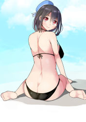 Rule 34 | 10s, 1girl, ass, beret, bikini, black hair, butt crack, from behind, gaichi, gradient background, hat, kantai collection, red eyes, short hair, solo, swimsuit, takao (kancolle)
