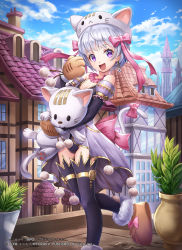 Rule 34 | 1girl, animal, animal ears, animal hands, animal hat, bare shoulders, black legwear, blue sky, bow, breasts, cat, cat ears, cat hat, cat tail, chimney, city, company name, dated, day, detached sleeves, earrings, flower earrings, gloves, hat, highres, holding, holding animal, holding cat, house, jewelry, looking at viewer, lunacle, machigai breaker, official art, outdoors, paw gloves, paw shoes, pink bow, plant, potted plant, purple eyes, rooftop, silver hair, sky, small breasts, standing, standing on one leg, tail, tail bow, tail ornament, watermark