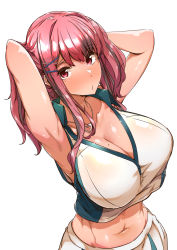 Rule 34 | 1girl, armpits, arms behind head, arms up, azur lane, bare shoulders, blush, breasts, bremerton (azur lane), bremerton (scorching-hot training) (azur lane), cleavage, collarbone, crop top, crop top overhang, hair ornament, heart, heart necklace, highres, jewelry, large breasts, long hair, looking at viewer, midriff, mole, mole on breast, mole under eye, multicolored hair, navel, necklace, open mouth, pink eyes, pink hair, simple background, sportswear, streaked hair, tennis uniform, tokiwa midori (kyokutou funamushi), twintails, two-tone shirt, two-tone skirt, white background, x hair ornament