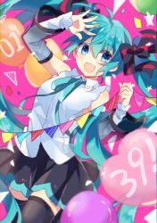 1girl, absurdres, arm up, bangs, bare shoulders, black legwear, black skirt, blue eyes, blue hair, blue ribbon, collared shirt, commentary request, detached sleeves, eyebrows visible through hair, hair between eyes, hand up, hatsune miku, hatsune miku (nt), heart balloon, highres, long hair, long sleeves, neck ribbon, pennant, pink background, pleated skirt, ribbon, see-through, see-through sleeves, shirt, skirt, sleeveless, sleeveless shirt, sleeves past wrists, solo, string of flags, thighhighs, twintails, very long hair, vocaloid, white shirt, white sleeves, yuruno