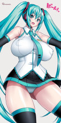 Rule 34 | 1girl, aqua eyes, aqua hair, aqua necktie, black thighhighs, blush, breasts, cameltoe, covered erect nipples, detached sleeves, hatsune miku, headset, huge breasts, long hair, looking at viewer, necktie, onomeshin, panties, shiny skin, skirt, sleeveless, solo, standing, thighhighs, twintails, underwear, very long hair, vocaloid, white panties