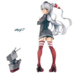 Rule 34 | 1girl, amatsukaze (kancolle), ass, black panties, brown dress, crossed arms, dress, from behind, full body, garter straps, hair tubes, hat, kantai collection, long hair, looking at viewer, looking back, mini hat, panties, red thighhighs, rensouhou-kun, righgi, sailor collar, sailor dress, short dress, signature, silver hair, simple background, smile, smokestack hair ornament, standing, striped clothes, striped thighhighs, thighhighs, two side up, underwear, white background, white sailor collar