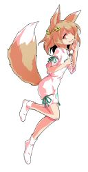 Rule 34 | 1girl, animal ears, blonde hair, bow, breasts, dairi, flying, fox ears, fox tail, from side, green bow, hair between eyes, hands up, hiragana, jumpsuit, kudamaki tsukasa, looking at viewer, no shoes, open mouth, orange eyes, short hair, short sleeves, simple background, small breasts, smile, socks, solo, standing, tachi-e, tail, touhou, transparent background, white background, white jumpsuit, white sleeves, white socks