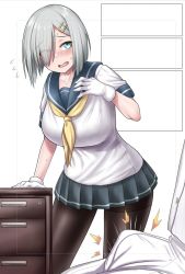Rule 34 | 1boy, 1girl, black pantyhose, blue eyes, blue skirt, blush, breasts, bulge, burusuta, collarbone, desk, erection, erection under clothes, eyes visible through hair, flying sweatdrops, gloves, hair ornament, hair over one eye, hairclip, hamakaze (kancolle), hand up, kantai collection, leaning forward, neckerchief, open mouth, panties, pantyhose, pleated skirt, raised eyebrows, sailor collar, shirt, short hair, short sleeves, silver hair, skirt, solo focus, sweatdrop, thighs, tongue, underwear, white gloves, white panties, white shirt, yellow neckerchief