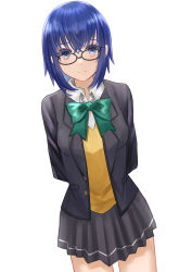 Rule 34 | 1girl, absurdres, arms behind back, black-framed eyewear, black jacket, blue eyes, blue hair, blush, bow, bowtie, ciel (tsukihime), closed mouth, collared shirt, commentary request, glasses, green bow, grey skirt, hair between eyes, highres, jacket, long sleeves, looking at viewer, miniskirt, okurasato, open clothes, open jacket, pleated skirt, school uniform, shirt, short hair, simple background, skirt, smile, solo, tsukihime, tsukihime (remake), uniform, vest, white background, white shirt, yellow vest