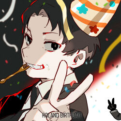 Rule 34 | 1boy, angelica (project moon), birthday, black eyes, black gloves, black hair, black jacket, black necktie, character name, collared shirt, confetti, gloves, grin, hamelon310, hat, highres, jacket, library of ruina, male focus, mouth hold, necktie, out of frame, party hat, project moon, roland (project moon), shirt, smile, solo focus, upper body, v, white shirt