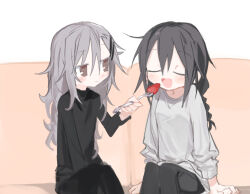 Rule 34 | 2girls, agoshi sakina, arm support, black hair, black pants, black shirt, blush, braid, brown eyes, closed eyes, commentary request, couch, feeding, feet out of frame, fish hair ornament, food, fork, fruit, grey hair, grey sweater, hair ornament, holding, holding fork, kokaki mumose, long hair, long sleeves, looking at another, multiple girls, null-meta, on couch, open mouth, pants, raised eyebrows, shirt, sitting, smile, souen chiaki, strawberry, sweater, wavy hair, white background, yuri