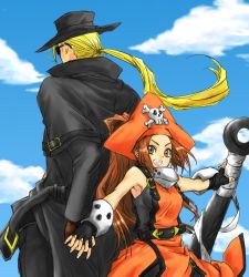 Rule 34 | 1boy, 1girl, ahomira, anchor, arc system works, back-to-back, belt, blonde hair, brown eyes, brown hair, cloud, day, fingerless gloves, gloves, guilty gear, hat, hetero, holding hands, johnny (guilty gear), long hair, may (guilty gear), orange hat, orange shirt, pirate, pirate hat, shirt, skull and crossbones, sunglasses