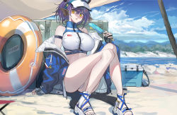 Rule 34 | 1girl, animal ears, arknights, bare legs, bare shoulders, beach, bikini, black gloves, blue jacket, blue sky, breasts, cloud, commentary, day, echj, fingerless gloves, gloves, hand up, highres, holding, horns, innertube, jacket, knees up, large breasts, long sleeves, looking at viewer, off shoulder, official alternate costume, open clothes, open jacket, outdoors, parted lips, purple hair, short hair, sideroca (arknights), sideroca (light breeze) (arknights), sitting, sky, solo, stomach, swim ring, swimsuit, thighs, visor cap, white bikini, white footwear, yellow eyes