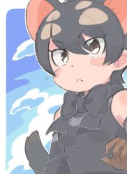 Rule 34 | &gt;:&lt;, 10s, 1girl, :&lt;, animal ears, arm at side, arm warmers, bad id, bad twitter id, bare shoulders, black hair, black ribbon, black shirt, blue sky, blush stickers, border, breasts, brown eyes, brown gloves, claw pose, claws, closed mouth, cloud, day, detached sleeves, extra ears, eyebrows, eyelashes, fang, fang out, fingernails, from side, gloves, gradient sky, hand up, kamijou shoutarou, kemono friends, light brown hair, long sleeves, looking at viewer, motion lines, multicolored hair, neck ribbon, outdoors, outline, outside border, ribbon, rounded corners, sanpaku, sharp fingernails, shirt, short hair, sketch, sky, sleeveless, sleeveless shirt, small breasts, solo, tail, tasmanian devil (kemono friends), tasmanian devil ears, tasmanian devil tail, tsurime, two-tone hair, upper body, v-shaped eyebrows, white border, white outline