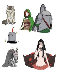 Rule 34 | 2boys, 2girls, absurdres, armor, arthropod girl, breasts, breasts apart, cape, cat, chaos witch quelaag, character request, dark souls (series), dark souls i, dark souls ii, emerald herald, feathers, green cape, hand up, highres, hood, insect girl, medium breasts, multiple boys, multiple girls, navel, red feathers, rusellunt, simple background, solaire of astora, spider girl, topless, white background