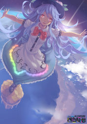 Rule 34 | 1girl, blue hair, bow, dress, female focus, food, fruit, hat, hinanawi tenshi, keystone, lips, long hair, madyy, outstretched arms, peach, red eyes, solo, standing, sunlight, touhou