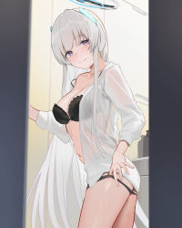 Rule 34 | 1girl, black bra, black panties, blue archive, blush, bra, breasts, cleavage, collarbone, commentary request, grey hair, halo, highres, indoors, long hair, long sleeves, looking at viewer, looking to the side, medium breasts, navel, noa (blue archive), nuda, open clothes, open shirt, panties, panty pull, purple eyes, see-through, see-through shirt, shirt, smile, solo, stomach, straight hair, strap slip, sweat, thighs, underwear, very long hair, voyeurism, white hair, white shirt