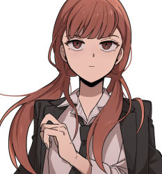 Rule 34 | 1girl, black jacket, black necktie, brown eyes, closed mouth, collared shirt, commentary, dress shirt, floating hair, formal, frown, hair over shoulder, hand up, jacket, jacket on shoulders, kusakabe saki, long hair, long sleeves, looking at viewer, low twintails, nana 0253, necktie, serious, shirt, simple background, solo, suit, twintails, uniform, white background, white shirt, world trigger
