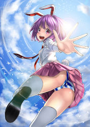 Rule 34 | 1girl, :d, alternate hair length, alternate hairstyle, animal ears, ass, bad id, bad pixiv id, blue sky, blush, cloud, day, female focus, from behind, from below, leg up, looking at viewer, necktie, open mouth, panties, pantyshot, purple hair, rabbit ears, rabbit girl, rabbit tail, red eyes, red necktie, reisen, reisen udongein inaba, shirt, short hair, skirt, sky, smile, solo, striped clothes, striped panties, sunlight, tail, thighhighs, thighs, touhou, underwear, unowen, upskirt, white shirt, white thighhighs