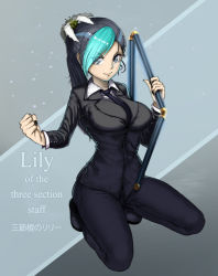 Rule 34 | 1girl, alternate breast size, aqua hair, between breasts, black footwear, black hair, black nails, black necktie, blue eyes, breasts, character name, clenched hand, closed mouth, english text, eyes visible through hair, female focus, flower, formal, full body, hair flower, hair ornament, hairclip, highres, holding, holding weapon, large breasts, lily (flower), long hair, long sleeves, looking at viewer, md5 mismatch, multicolored hair, nail polish, necktie, one-punch man, pants, ponytail, resolution mismatch, sansetsukon no lily, shoes, smile, solo, source larger, squatting, suit, the golden smurf, three section staff, two-tone hair, weapon