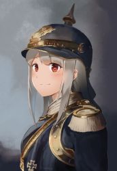 Rule 34 | 1girl, blush, brown eyes, cross, epaulettes, gradient background, helmet, highres, iron cross, long hair, looking at viewer, looking to the side, military, military uniform, original, pickelhaube, portrait, sidelocks, silver hair, smile, soldier, solo, unicron (brous), uniform, upper body, world war i