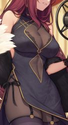 Rule 34 | 1girl, black dress, black gloves, bodysuit, breasts, china dress, chinese clothes, cleavage, cleavage cutout, clothing cutout, covered navel, cowboy shot, dress, evan yang, fate/grand order, fate (series), fur trim, garter straps, gloves, head out of frame, large breasts, long hair, pantyhose, parted lips, purple hair, purple thighhighs, scathach (fate), see-through, shawl, side-tie dress, side slit, skindentation, solo, thighhighs