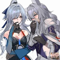 Rule 34 | 2girls, animal ears, baiheng (honkai: star rail), bare shoulders, black dress, black gloves, blue eyes, blue hair, blush, chinese commentary, collarbone, commentary request, covered mouth, cup, detached sleeves, dress, eye contact, fox ears, from side, fur-trimmed dress, fur trim, gloves, grey hair, hair between eyes, hair intakes, hand up, high ponytail, highres, holding, holding another&#039;s hair, holding cup, honkai: star rail, honkai (series), jingliu (honkai: star rail), long hair, looking at another, looking to the side, mie xing, multicolored hair, multiple girls, purple dress, red eyes, reference inset, simple background, sketch, smelling hair, streaked hair, swept bangs, two-tone hair, upper body, white background, yuri
