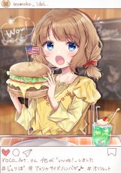 Rule 34 | 1girl, american flag, blouse, blue eyes, blurry, blurry background, braid, brown hair, burger, chalkboard, cheese, commentary request, drink, drinking straw, eating, fang, fast food, food, highres, holding, holding food, ice cream, ice cream float, idolmaster, idolmaster million live!, instagram, jelly pop beans, long sleeves, looking at viewer, low twin braids, open mouth, placemat, plate, restaurant, shirt, short hair, skin fang, soda, solo, sorashima (117), suou momoko, tomato, translation request, twin braids, yellow shirt