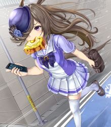 Rule 34 | 1girl, animal ears, black footwear, black hat, blouse, blue flower, blue rose, bread, bread slice, brown hair, cellphone, egg (food), female focus, flower, food, fried egg, fried egg on toast, hat, hat flower, highres, holding, holding phone, horse ears, horse girl, horse tail, loafers, long hair, monikano, mouth hold, phone, pleated skirt, purple eyes, purple shirt, rice shower (umamusume), rose, school uniform, shirt, shoes, short sleeves, skirt, smartphone, solo, tail, thighhighs, tilted headwear, toast, tracen school uniform, umamusume, white skirt, white thighhighs