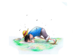 Rule 34 | 1boy, armband, black hair, grass, hands on own head, hat, male focus, monkey d. luffy, one piece, outdoors, sabaody archipelago, sandals, screaming, shorts, solo, straw hat, vest