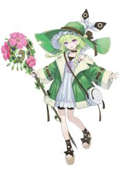 Rule 34 | 1girl, :d, @ @, bag, black choker, black shorts, braid, brown ribbon, buckle, choker, commentary, dress, flower, frilled hat, frills, full body, fur-trimmed jacket, fur trim, green hair, green hat, green jacket, hair over shoulder, hat, hat ribbon, highres, holding, holding staff, jacket, long hair, long sleeves, looking at viewer, open clothes, open jacket, open mouth, original, pink flower, purple eyes, purple ribbon, ribbon, sandals, short dress, shorts, shorts under dress, shoulder bag, simple background, smile, solo, staff, standing, twin braids, wasabi60, white background, white dress
