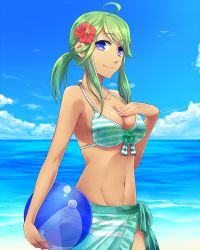 Rule 34 | 1girl, ahoge, ball, beachball, bikini, bird, blue eyes, blue sky, breasts, carrying, carrying under arm, cloud, cowboy shot, day, flower, front-tie bikini top, front-tie top, green hair, groin, hair flower, hair ornament, hand on breast, hibiscus, holding, holding ball, medium breasts, navel, ocean, original, outdoors, ponytail, sarong, seagull, see-through, side-tie skirt, sidelocks, skirt, sky, smile, solo, standing, sumimoto ryuu, swimsuit, tan