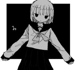Rule 34 | 1girl, black background, blush, cowboy shot, empty eyes, greyscale, jitome, long sleeves, looking at viewer, monochrome, neckerchief, noroi (rnatataki), open mouth, original, outstretched arms, pleated skirt, sailor collar, school uniform, serafuku, shirt, short hair, simple background, skirt, solo, standing, two-tone background, white background