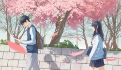 Rule 34 | 1boy, 1girl, absurdres, an-zen, backpack, bag, black hair, black skirt, blue sweater vest, book, bookbag, bush, cherry blossoms, fence, grey pants, hand up, highres, holding, holding book, long hair, looking at another, open book, original, pants, petals, profile, reading, red neckwear, scenery, school uniform, skirt, sweater vest, tree, walking