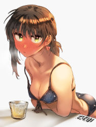 Rule 34 | 1girl, adapted costume, artist logo, artist name, ass, bikini, black hair, blue bikini, blush, breasts, commentary request, cowboy shot, drunk, ergot, front-tie top, fubuki (kancolle), fubuki kai ni (kancolle), glass, green eyes, highres, kantai collection, leotard, long hair, low ponytail, nose blush, polka dot, polka dot bikini, short ponytail, simple background, small breasts, solo, strapless, strapless leotard, swimsuit, upper body, white background