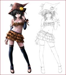 Rule 34 | 1girl, absurdres, adjusting hair, bad id, bad pixiv id, black hair, black thighhighs, breasts, comparison, detached sleeves, food-themed hair ornament, ghost, gisarme, green eyes, hair ornament, halloween, hat, highres, jack-o&#039;-lantern, lineart, mary janes, medium breasts, midriff, pumpkin, pumpkin hair ornament, shoes, skirt, skull, solo, thighhighs, underboob, witch, witch hat