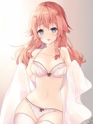 Rule 34 | 1girl, bad id, bad pixiv id, bare shoulders, blue eyes, blush, bow, bow bra, bow panties, bra, breasts, brown hair, closed mouth, collarbone, commentary request, cowboy shot, frilled bra, frilled panties, frills, gluteal fold, holding, holding towel, long hair, looking at viewer, medium breasts, navel, omuretsu, original, panties, pink bra, pink panties, signature, solo, thighhighs, tongue, tongue out, towel, transparent, underwear, underwear only, white thighhighs