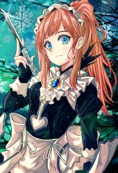Rule 34 | 1girl, back bow, black shirt, blue eyes, bow, brown hair, closed mouth, felicia (fire emblem), fire emblem, fire emblem fates, fuussu (21-kazin), high ponytail, holding, holding knife, knife, long hair, long sleeves, maid, nintendo, ribbon, shirt, smile, snowflakes, solo, white bow, white ribbon