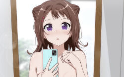 Rule 34 | 1girl, bang dream!, blurry, blurry background, blush, bokeh, breasts, brown hair, cellphone, collarbone, commentary request, depth of field, female pov, hair ornament, hairclip, highres, holding, holding phone, indoors, light particles, looking at mirror, looking at viewer, medium breasts, medium hair, mirror, nude, out-of-frame censoring, paid reward available, parted lips, phone, poa mellhen, pov, purple eyes, reflection, smartphone, solo, star (symbol), star hair ornament, sweatdrop, toyama kasumi, tree, upper body