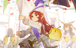 Rule 34 | 1other, 2girls, absurdres, amiya (arknights), animal ears, arknights, artist name, black jacket, blue eyes, brown hair, chinese commentary, clay (clayjun), commentary request, confetti, doctor (arknights), flag, grey eyes, hat, hat feather, highres, holding, holding flag, holding instrument, instrument, jacket, long hair, multiple girls, myrtle (arknights), myrtle (light gold celebration) (arknights), navel, official alternate costume, pointy ears, rabbit ears, red hair, shako cap, skirt, smile, trumpet, white headwear, white jacket, white skirt