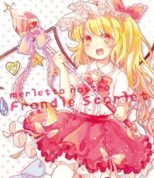 Rule 34 | 1girl, ascot, blonde hair, cowboy shot, fang, flandre scarlet, frilled skirt, frills, holding, holding staff, lace, long hair, nig 18, open mouth, red ascot, red eyes, ribbon, shirt, skirt, solo, staff, thighhighs, touhou, white shirt, zettai ryouiki