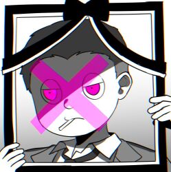 Rule 34 | 1boy, bad id, bad twitter id, candy stick, closed mouth, coattails, collared jacket, collared shirt, commentary request, commission, danganronpa (series), danganronpa v3: killing harmony, food in mouth, gradient background, grey background, greyscale, half-closed eyes, holding, holding frame, hoshi ryoma, iei, jacket, light frown, long sleeves, looking ahead, male focus, monochrome, necktie, pink eyes, school uniform, shirt, short hair, simple background, solo, spot color, upper body, very short hair, waka (wk4444)