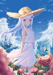 Rule 34 | 1girl, absurdres, arm behind back, bad id, bad pixiv id, bare arms, blue sky, blunt bangs, blush, closed mouth, cloud, day, dress, field, floating hair, flower, flower field, haru (haru83380282), hat, highres, lize helesta, long hair, looking at viewer, nijisanji, outdoors, pink flower, pink rose, red eyes, rose, short dress, sky, sleeveless, sleeveless dress, smile, solo, standing, straight hair, straw hat, sun hat, sundress, very long hair, virtual youtuber, white dress, white hair, yellow hat