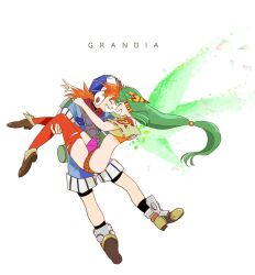 Rule 34 | 1boy, 1girl, ametant, feena (grandia), full body, grandia, grandia i, green hair, hair ornament, hair tubes, hat, jewelry, justin (grandia), long hair, low-tied long hair, midriff, open mouth, simple background, skirt, smile, thighhighs, white background