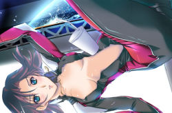 Rule 34 | 1girl, blue eyes, bodysuit, breasts, brown hair, center opening, covered erect nipples, drink, gravity, large breasts, milkshake, naruse yuji, open bodysuit, open clothes, open shirt, planet, shirt, solo, space, zero gravity