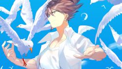 Rule 34 | 1boy, animal, bird, blue sky, brown hair, collarbone, commentary request, danganronpa (series), danganronpa v3: killing harmony, day, facial hair, goatee, hair between eyes, hair up, hands up, highres, male focus, momota kaito, open clothes, open shirt, qianhai, seagull, shirt, sky, solo, spiked hair, upper body, white shirt