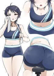 Rule 34 | 1girl, absurdres, ass, bare shoulders, black eyes, blue hair, blue shorts, blue sports bra, blush, breasts, cleavage, collarbone, exhausted, grey towel, hand up, highres, holding, holding towel, idolmaster, idolmaster cinderella girls, idolmaster cinderella girls starlight stage, looking at viewer, medium breasts, midriff, multiple views, navel, open mouth, saddle, short hair, shorts, simple background, sports bra, steam, sweat, towel, ushimochi, wakui rumi, white background