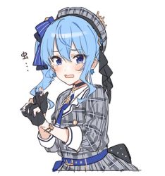 Rule 34 | 1girl, bad id, bad twitter id, belt, belt buckle, beret, black gloves, blue eyes, blue hair, blue nails, blush, bracelet, buckle, choker, crown, fingerless gloves, gloves, grey hat, hair between eyes, hair ornament, hat, hololive, hoshimachi suisei, hoshimachi suisei (1st costume), jewelry, looking at viewer, nail polish, one side up, open mouth, solo, star (symbol), tears, teshima nari, upper body, virtual youtuber, wavy mouth, white background